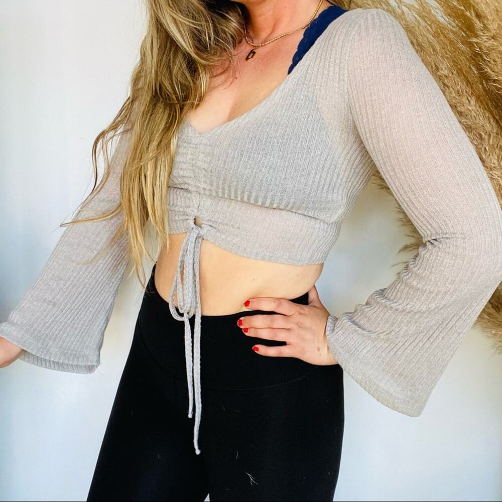 SHEIN Light Gray Grey Bell Sleeve Boho Mini Crop Top Tie Front VNeck Sweater S